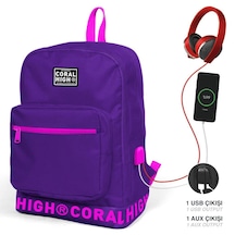 Coral High Mor Nakış Logolu Dört Bölmeli USB Şarjlı Kulaklık Çıkışlı  Sırt Çantası 24109