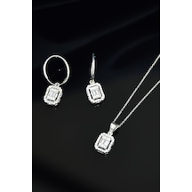 Papatya Silver 925 Ayar Gümüş Rodyum Kaplama Zirkon Baget Taşlı Halka Küpe ve Tepelikli Baget Kare Taş Kolye Set