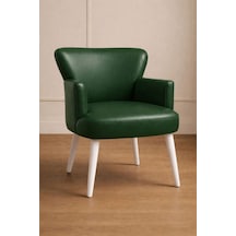 Waterybrook Tekli Berjer Koltuk - Suni Deri - Beyaz Ahşap Ayaklı - Modern Retro Tasarım - Ofis Ve Salon Koltuğu Yeşil