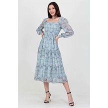 Neşeli Butik Kadın Mint Gipeli Kare Yaka Desenli Şifon Elbise Nb100361 Mint