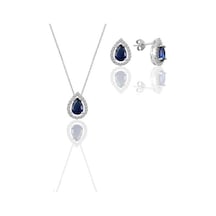 Gümüş Beyaz Altın Rodyumlu Safir Taşlı Damla Modeli Ikili Set