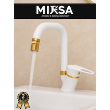 Lüx Beyaz-gold Köşe Borulu Oynar Başlıklı Perlatörlü Banyo Lavabo Bataryası, Çiftsugirişli