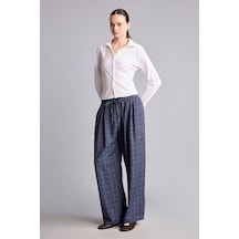 Defacto Ekose Desenli Bağcıklı Beli Lastikli Wide Leg Pantolon I2064ax26aunv241 Lacivert-nv241