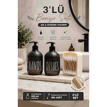 Porsima 3lü Mutfak Banyo Tezgah Üstü Temizlik Seti - 2li Cam Sıvı Sabunluk - 180 Adet Doğal Ahşap Bambu Kulak Çubuğu Siyah Diğer