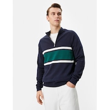 Koton Yarım Fermuarlı Kazak Slim Fit Dik Yaka Renk Bloklu Pamuklu Lacivert 4wam70107ht Lacivert
