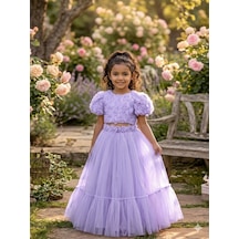 Star Kids Fashion Kız Çoçuk Mor Gül Detaylı Crop Elbise, Kız Çoçuk Mezuniyet Elbisesi Lila