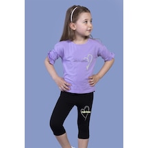 Toontoy Kids Toontoy Kız Çocuk 2'li Takım Baskılı Bisiklet Yaka Kolu Fırfırlı T-shirt & Basic Düz Crop Tayt Lila