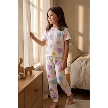 Zuzunga Pastel Renkli Çiçek Desenli Beyaz Kız Çocuk %100 Pamuk Pijama Takımı