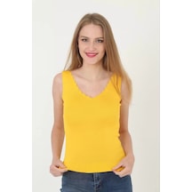 Assema Kadın V Yaka Fırfır Detay Crop - Sarı Çok Renkli