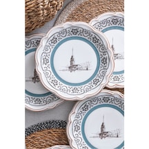 Kız Kulesi Desenli Porselen Pasta & Tatlı Tabağı Takımı İstanbul Motifli 6 Kişilik 6 Parça 21 Cm Beyaz