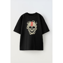 Thewert Unisex Kırmızı Yazılı Kurukafa Tasarım Baskılı Pamuk Sıyah Oversize T-shirt Siyah