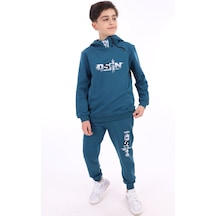 Toontoy Kids Toontoy Erkek Çocuk 2'li Takım Baskılı Kapüşonlu Fermuarlı Sweatshirt & Beli Paçası Lastikli Cepli Jogger Eşofman Altı - 2 İplik Petrol Mavi