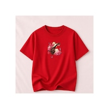 Herkesemoda Güllü Kadın Temalı Baskılı Kadın Bisiklet Yaka Pamuklu T-shirt Kırmızı