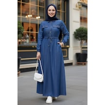 Hb Harma Time Butik Kadın Taş İşlemeli Düğmeli Koyu Mavi Kot Elbise Koyu Mavi Koyu Mavi