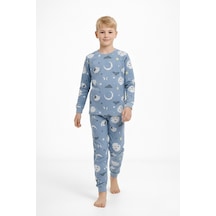 Bunny Hopp Uyku Temalı Pamuklu Erkek Çocuk Pijama Takımı - Mavi Kuzulu Desenli Takım 8 - 9 Yaş
