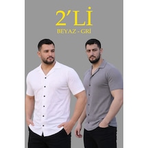 Ertaştrendstore Erkek Waffle Dokuma Kumaş Açık Yakalı Düğmeli Gömlek 2 Li Set Beyaz-gri Çoklu Renk