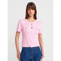 Dilvin 10733 Bisiklet Yaka Cepli Düğmeli Triko Bluz-pembe Pembe