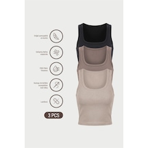 Auw Kadın Kare Yaka Pamuklu Modal Crop 3'lü - Softfit Taş, Vizon, Siyah