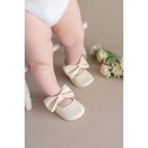Krem Kız Bebek Suni Deri Fiyonklu Babet Patik İlk Adım Ayakkabısı