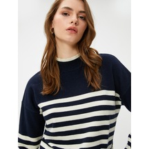 Koton Oversize Triko Kazak Yarım Balıkçı Yaka Ekru Çizgili 4wak90110ht Ekru