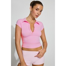 Pembe Polo Yaka Basic Kadın Tişört Mg2455 Pembe