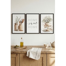 Siyah Ahşap Çerçeveli Home Sweet Home Mutfak Temalı Duvar Tablosu 3 Lü Set Siyah