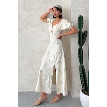 Verymoda Nakışlı Keten Görünümlü Elbise D2901 Haki
