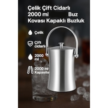 Çelik Çift Cidarlı 2 lt Maşalı Buz Kovası Kapaklı Buzluk cin422 Gri