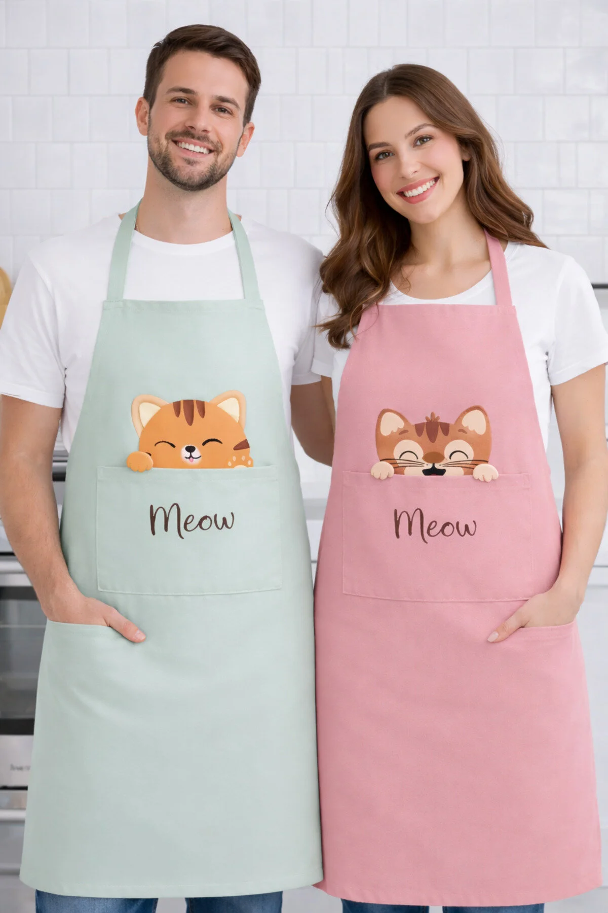 Ays Home Mint Pudra Cepli 2'li Kedi Baskılı Mutfak Önlüğü Seti Pudra
