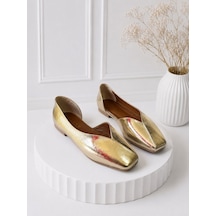 Dabab Shoes Dante Kadın Gold Kırışık Rugan Kare Burun Düz Taban Günlük Casual Babet Ayakkabı Altın