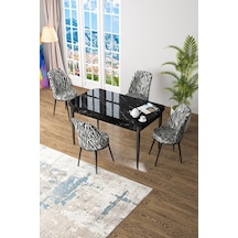 Canisa Concept Kor Serisi 70x114 Açılabilir Mutfak Masası Takımı Siyah Mermer Desen Masa 4 Zebra Desen Sandalye Masa Siyah Mermer Desenli Sandalyeler Zebra Desen
