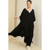 By Saygı Dantel Detaylı Cepli Uzun Tunik Beli Lastikli Pantolon Oversize 2'li Viskon Takım-35780-siyah Siyah