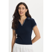 Tudors Kadın Slim Fit Dar Kesim Pamuklu Polo Yaka Kısa Kollu Lacivert Tişört-50463