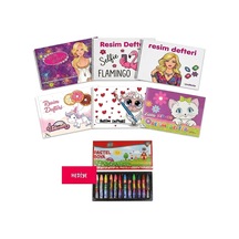 Çınar Defter 6 Adet Küçük Boy 20 Yaprak Perforajlı Resim Defteri Kızlar İçin Özel Karışık Figürlü Kapaklı Pastel Boya Hediyeli
