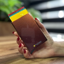 Wrapsol Mekanizmalı Kartlık Rfid Korumalı Alüminyum Otomatik Mekanizmalı Kredi Kartlık Renkli Mat Kırmızı Parlak Sonbahar Parlak Sonbahar Kahverengi