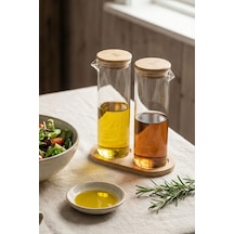 Bambu Standlı 2'li Borosilikat Cam Yağdanlık Şeffaf - 831535337 Şeffaf