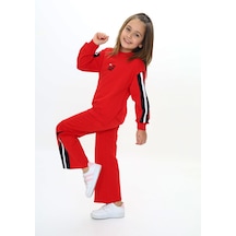 Toontoy Kids Toontoy Kız Çocuk 2'li Takım Baskılı Kolej Yaka Fermuarlı Reglan Kol Sweatshirt & Beli Paçası Ribanalı Jogger Eşofman Altı - 2 İplik Kırmızı