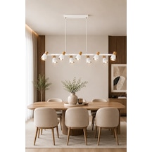Modern Premium 8li Spot Sarkıt Avizesi Uzun Ahşap Detaylı Salon Yemek Masası Üstü Modelleri Gu10 Duy Beyaz