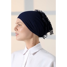 Kadın Fırfırlı Güpürlü Tesettür Topuz Bone - Lacivert Lacivert