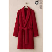 Bordo Çizgili Bornoz %100 Sertifikalı Pamuk Şal Yaka Unisex Banyo Bornoz / Sabahlık 340 Gr/m2 Bordo Renk