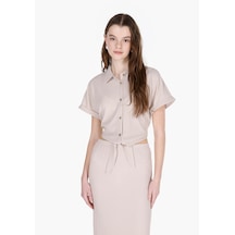 Colins Regular Fit Shirt Neck Jakarlı Kadın Bej Kısa Kol Tişört Cl1074598 Q1.v1 Lbg Lıght Beıge Açık Bej