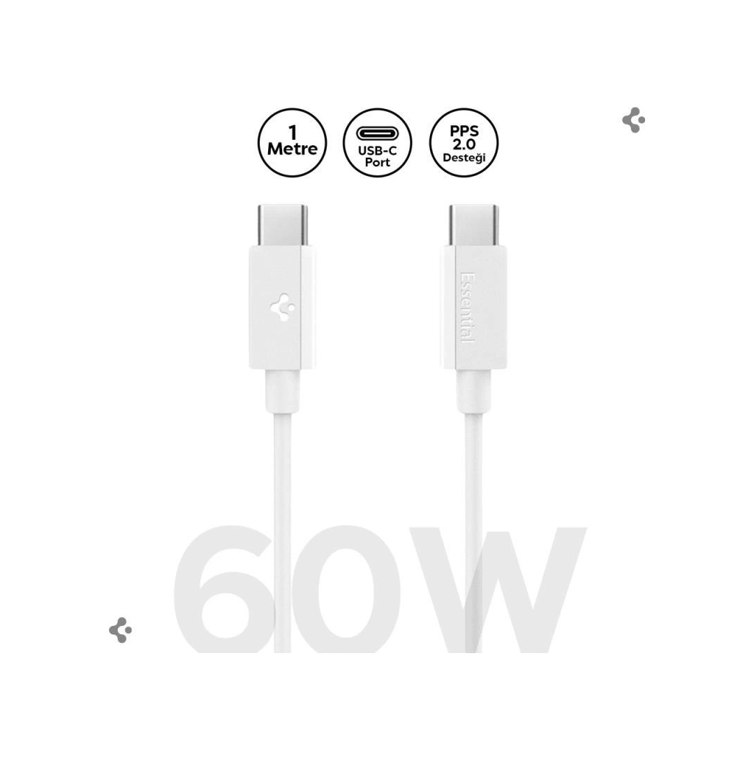 Spigen Usb-c To Usb-c 1 Metre Kablo 60w Güç / Pps 2.0 Super Hızlı Şarj / 480 Mbps Data Aktarım Hızı Type-c Ekstra Dayanıklı White