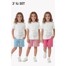 Fyk Kids 3'lü Yazlık Yuvarlak Yakalı Baskı Detaylı Kaprili 6 Parça Kız Çocuk Alt Üst Takım Pembe - Mor