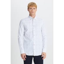 Erkek Beyaz Hakı Pamuklu Slim Fit Dar Kesim Düğmeli Yaka Baskılı Gömlek Beyaz Hakı