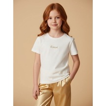 Zekids Kız Çocuk Tasarım T-shirt-17201 Ekru