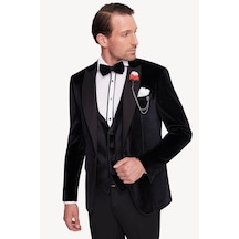 Ysf Erkek Siyah Slim Fit Sivri Yaka Kadife Damatlık