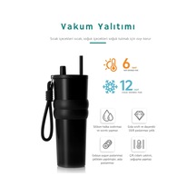 Lüks Çelik Termos Bardak - Çift Yalıtımlı Pipetli Mug - Mat Siyah-sıcak-soğuk Çok Renkli