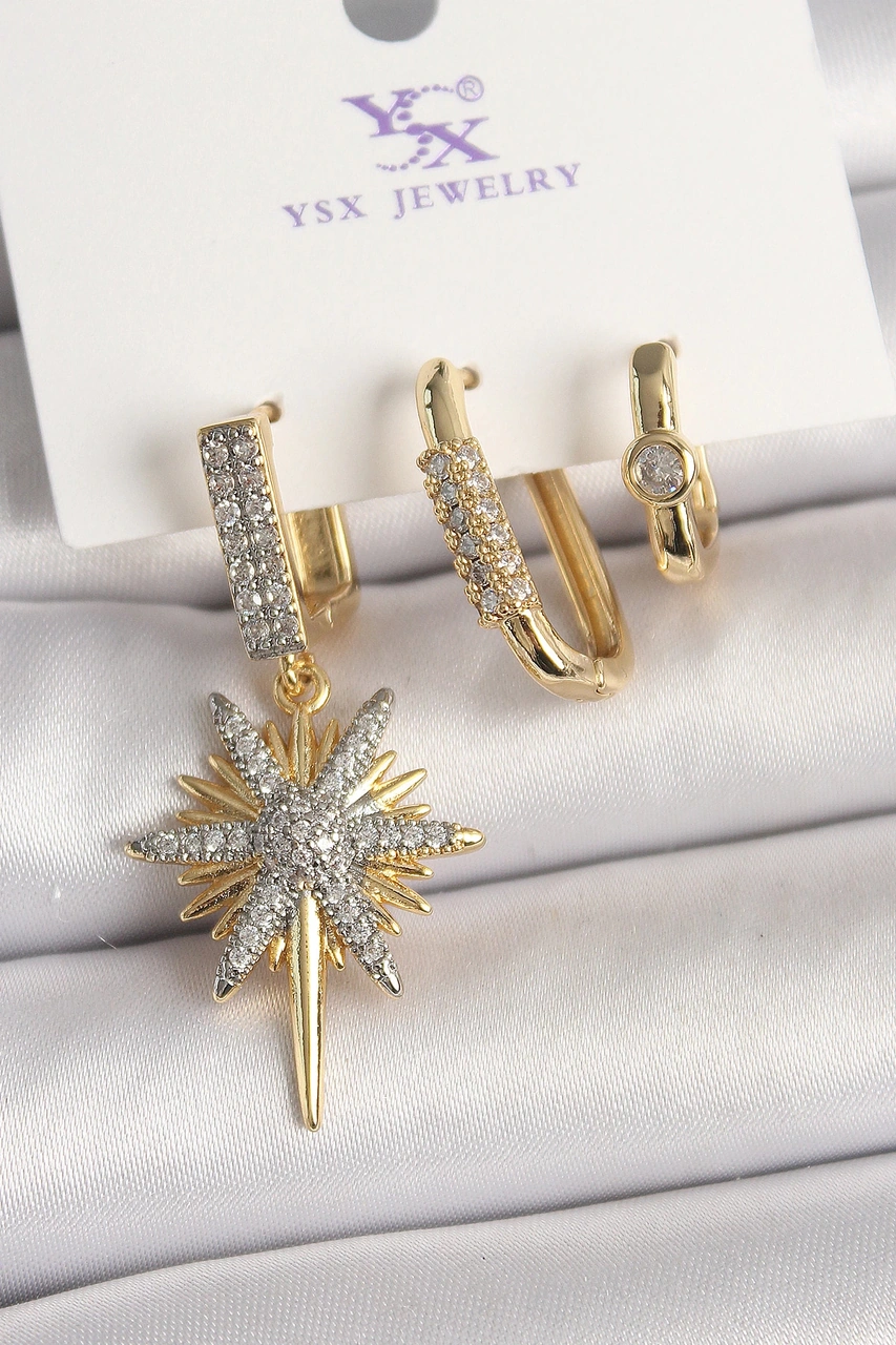 Dodes Dodes Pirinç Gold Renk Sallantı Zirkon Taşlı Kutup Yıldız Model 3'lü Kadın Kombin Küpe Tg27bkp Çok Renkli