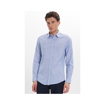 Tudors Erkek Slim Fit Dar Kesim Uzun Kollu %100 Pamuk Keten Doku Çizgili Gömlek-42648 Mavi
