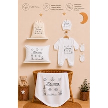 Pia Baby İsme Özel Hastane Çıkışı %100 Pamuk Erkek Bebek Organik Baskılı Tulum Set Keseli Hediyelik 2070tybk3x Krem